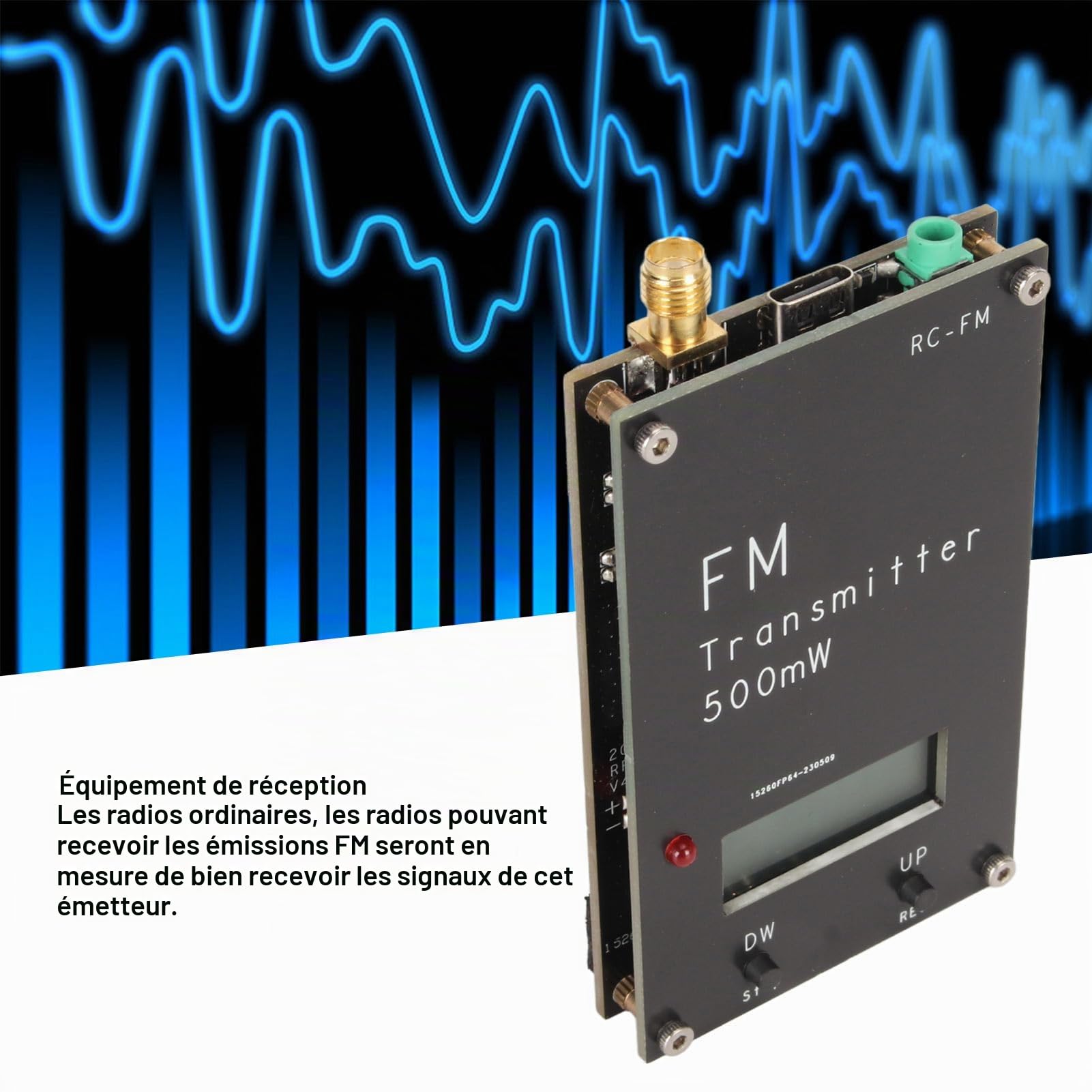 Émetteur FM, émetteur Stéréo 1 MHz Pas 500 MW avec écran LCD, Portée 2000 M, Fréquence Réglable, Alimentation USB de Type C pour Radio FM