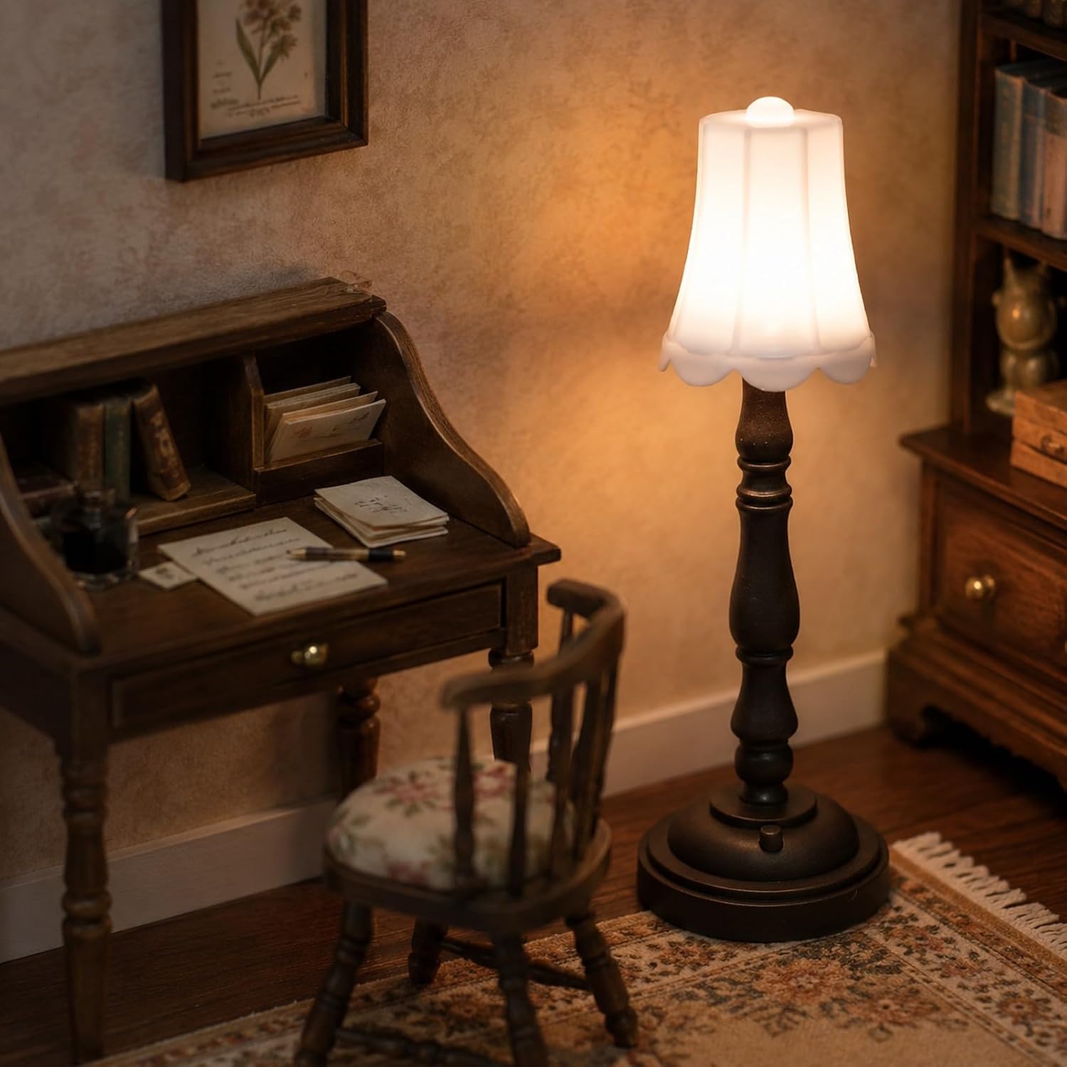 LOGOFUN Dollhouse Floor Lamp Vintage White LED | Vintage Mini Lamp Model For Dollhouse Bedroom, Living Room, Desk Scenes And Micro Furniture Displays