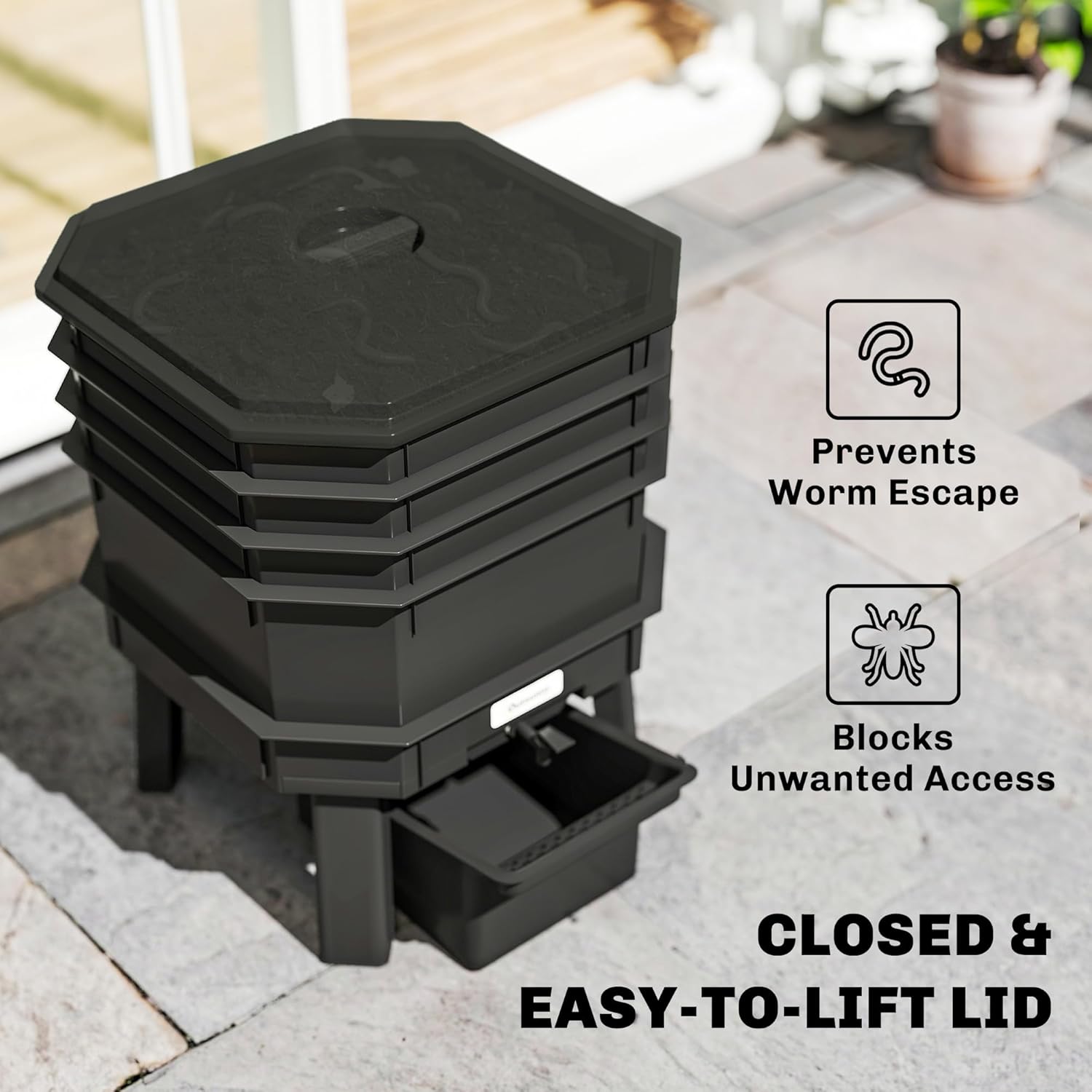 Outsunny 4-Tray Worm Composter Bin, 7.4 Gal Outdoor & Indoor Worm Composter, Farm Starter Kits for Vermicomposting Starter, Garden Composting Bin for Recycling Food Waste, Black