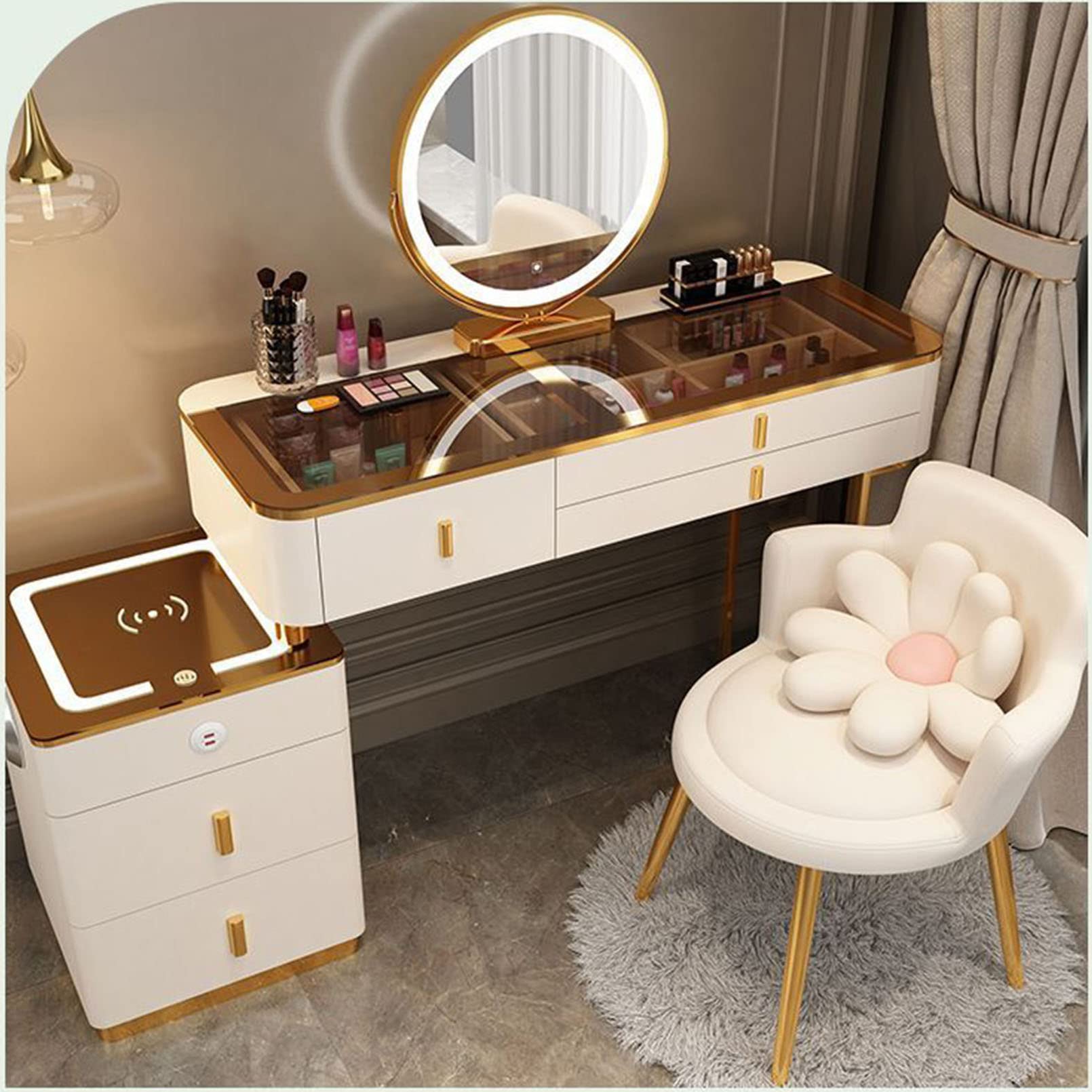 Moderno set da toeletta con specchio LED dimmerabile, scrivania sospesa con sgabello imbottito e cassetti, 3 modalità di illuminazione di colore, bianco, per camera da letto e bagno (99 cm