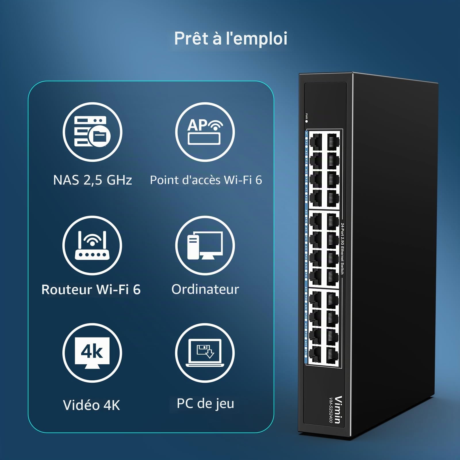 2,5Gb Switch 24 Port, Commutateur Ethernet 2,5G Non Géré, 24 Ports 2,5 Go Base-T Commutateur RéSeau Plug & Play, 2,5 Gigabit Switch Compatible avec 10/100/1000/2500 Mbps