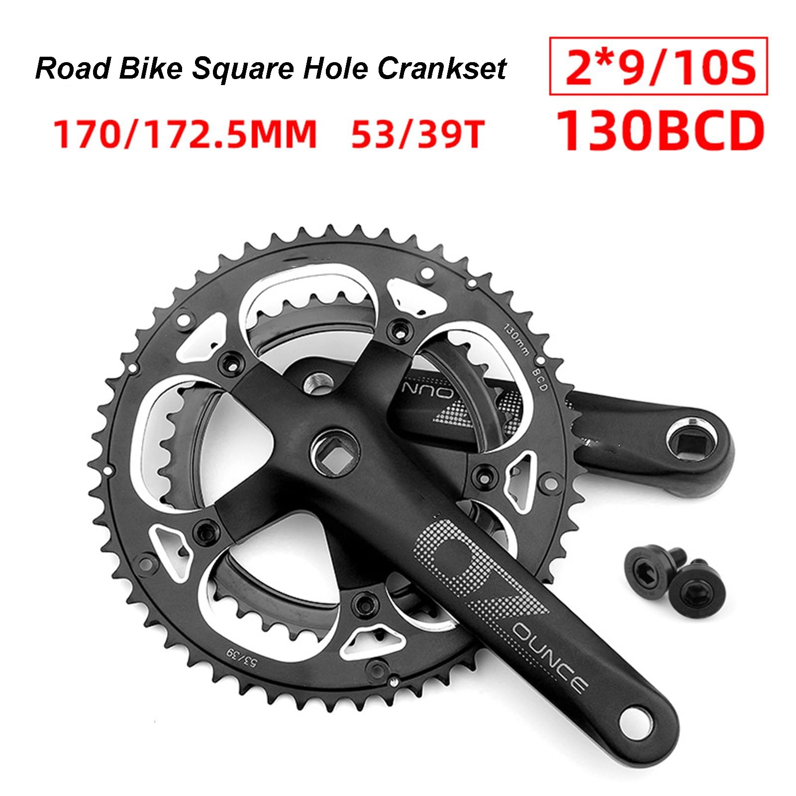 Guarnitura Per Bici Da Strada A Foro Quadrato - Pedivelle In Lega 170/172.5mm, Doppia Corona 53-39T 130BCD, 2x9/10 Velocità, Nero