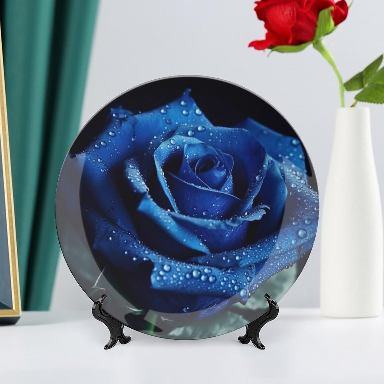 Blue Rose Ceramic Decorative Plate for Home, Bone China Plates | Chinese Style Decorative Dish with Stand, Dinner Plates Art Crafts for Wall Decor, Collections Plate with Hook 10inch