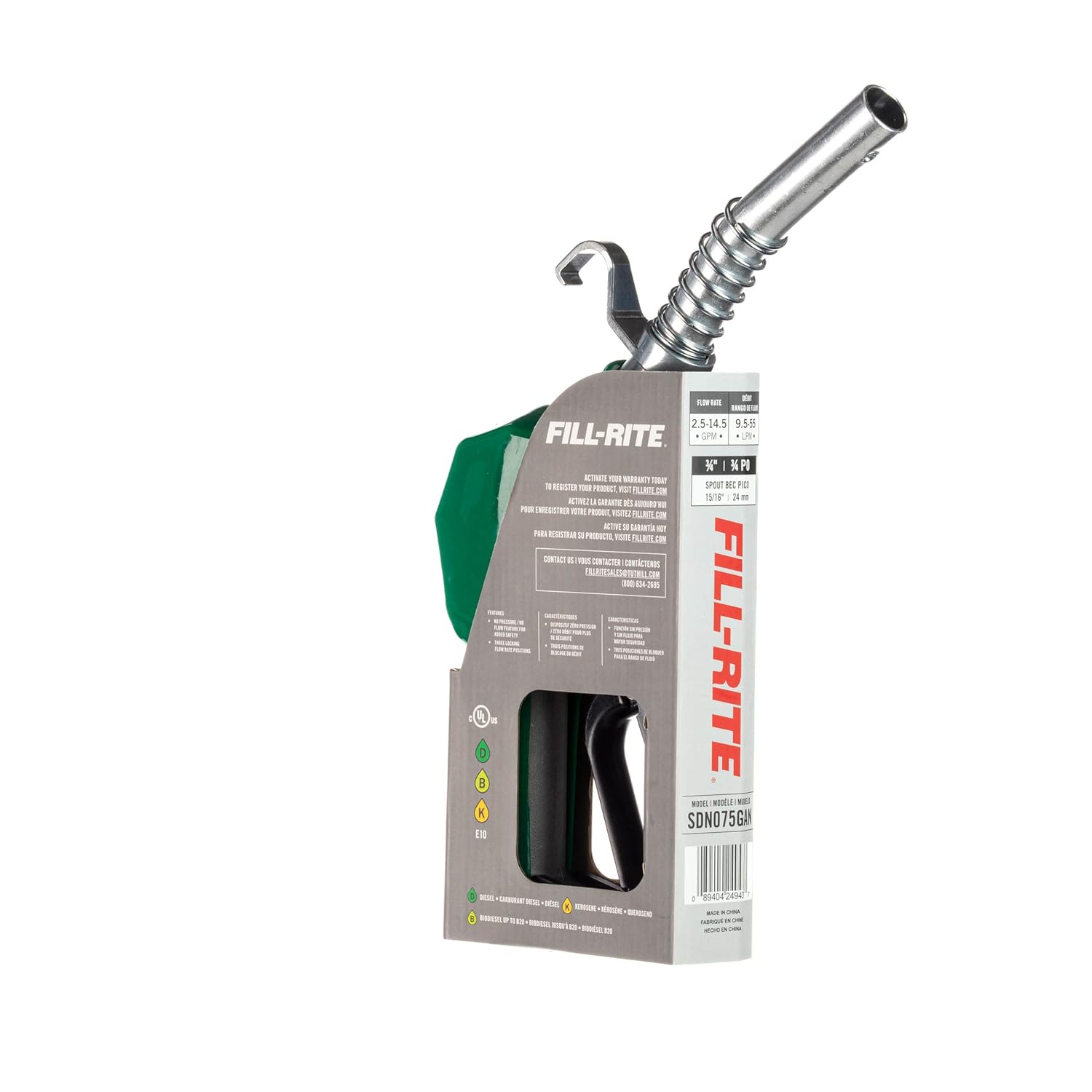 Fill-Rite SDN075GAN ¾" 3 to 15 GPM Automatic Standard Duty Fuel Transfer Nozzle, Green - For Gasoline, Diesel, Biodiesel up to B20, E15 & Kerosene