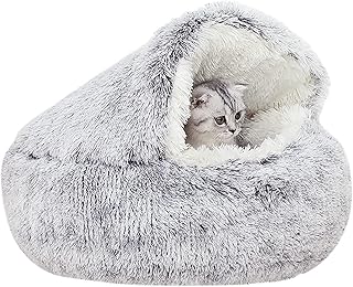 TYMONT Cat Bed Round Fluffy Hooded Cat Bed Cave Anti-Anxiety Cave Bed Cat Bed Donut for Indoor Cats Water/Dirt Resistant Base (Color : Gray, Size : 50CM)