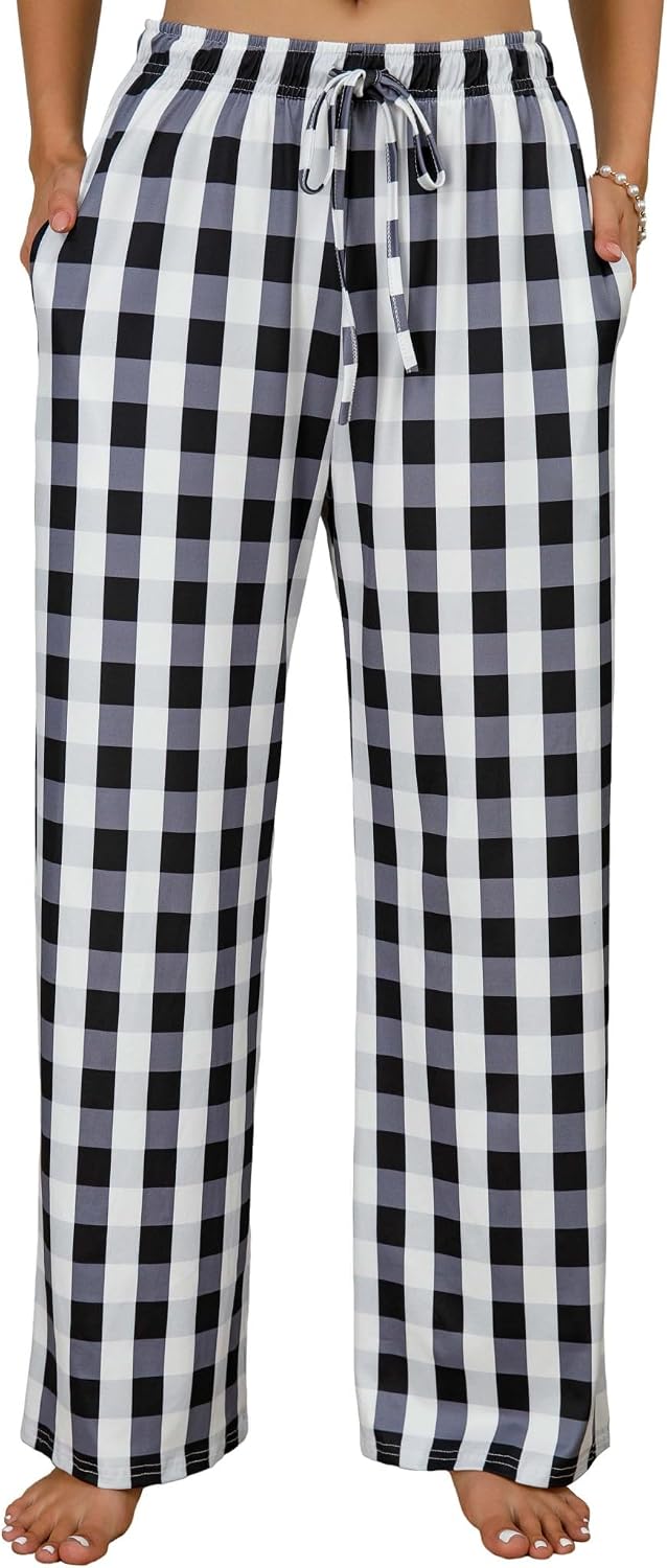 X-Image Comfy Casual Plaid Pajama Pants for Women Drawstring Palazzo Lounge Sleepwear Bottoms with Pockets