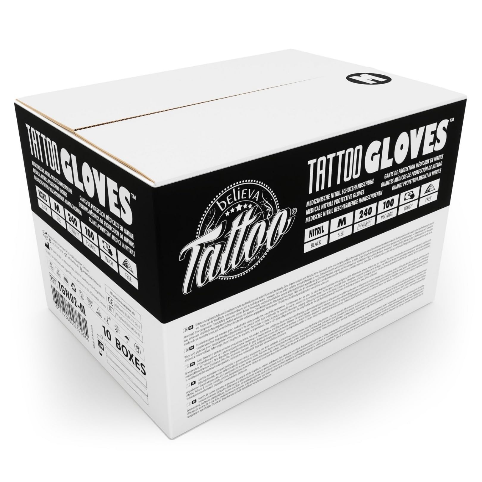 believa Tattoo Nitril Einweghandschuhe Schwarz, 1000er Box (10 x 100 Stück) Latex- & Puderfrei in M