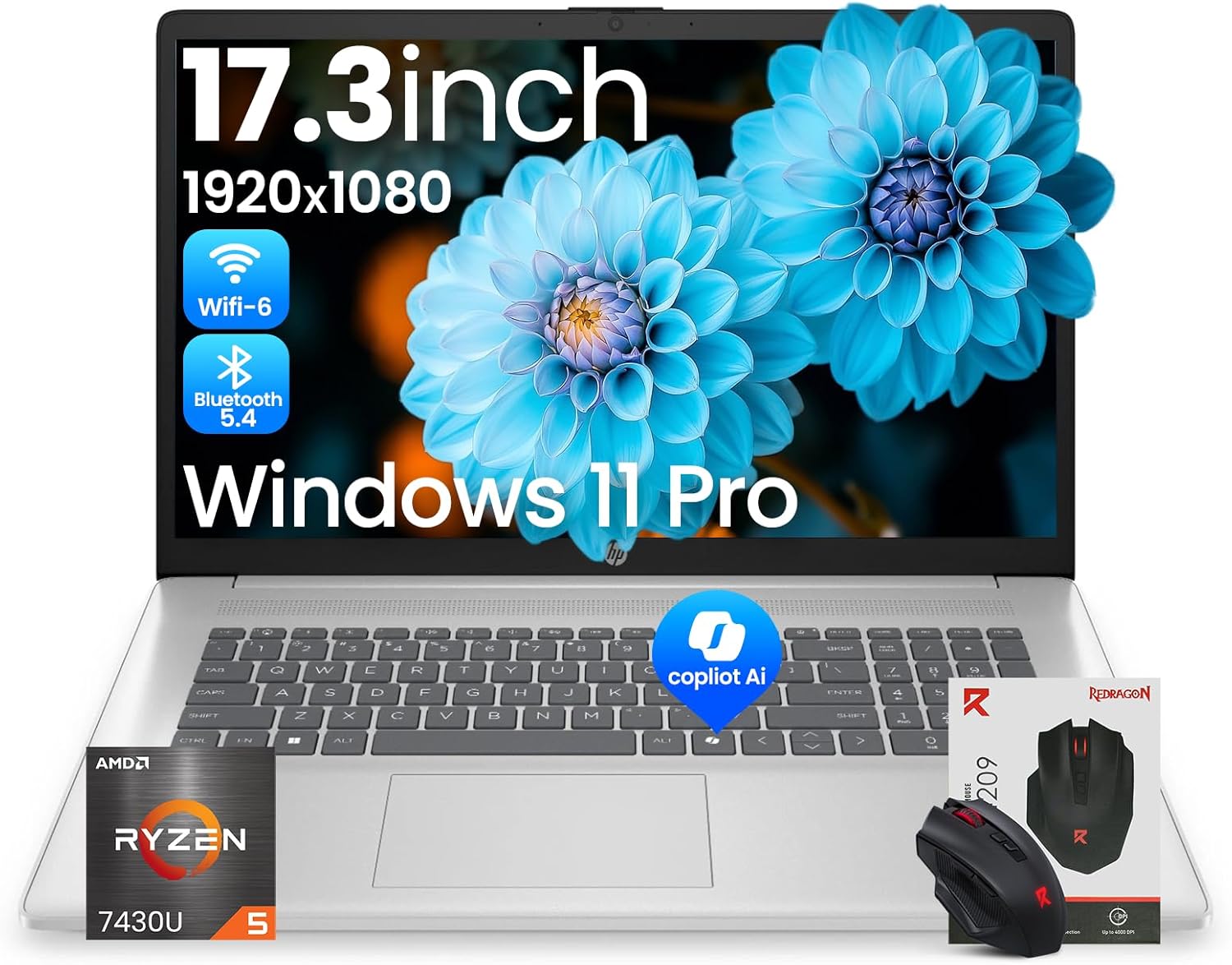 HP 17 inch laptops, AMD Ryzen 5 7430U(Beats i7-1255U), 16GB RAM 512GB SSD, Windows 11 Pro, 17.3" FHD IPS 300Nits Display, Copilot AI, HDMI, Wi-Fi 6 & Bluetooth 5.4, Accessory kit