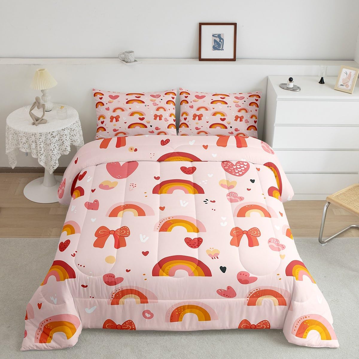 Erosebridal Cute Rainbow Bows Toddler Bedding Set,Kawaii Red Bow Tie Comforter Set for Girls Kids,Coquette Bowknot Girly Quilt,Love Heart Princess Bedroom Room Decor,1 Pillowcase Breathable