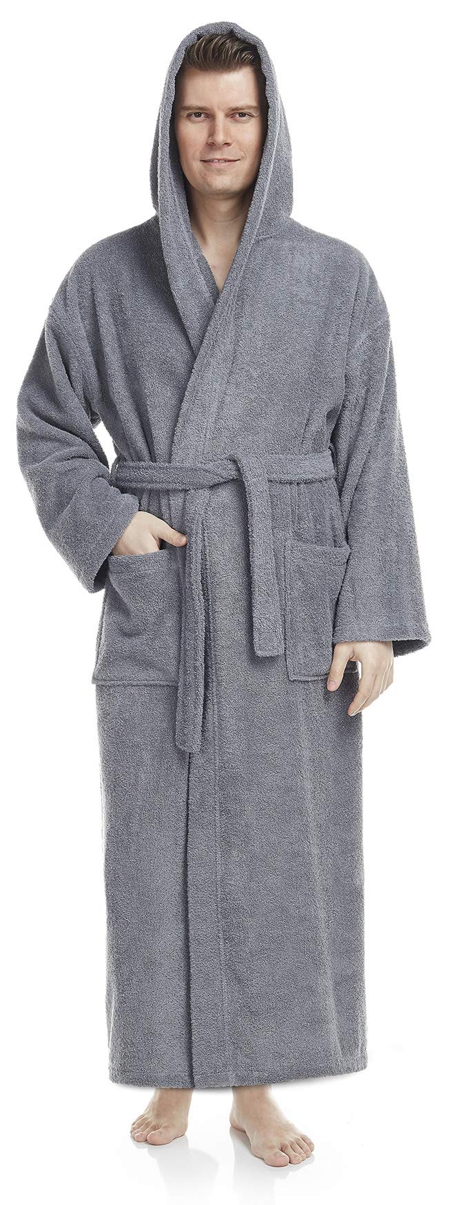 Arus Men's Grey Bathrobe For Hooded, 100% Cotton Terry, Calf Length, S-M