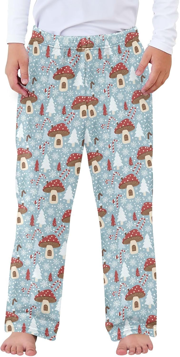 Winter Mushroom Candy Blue Print Plush Pajama Pants Sleepwear Bottoms Lounge Fleece Pants with Elastic Waist, S-XL