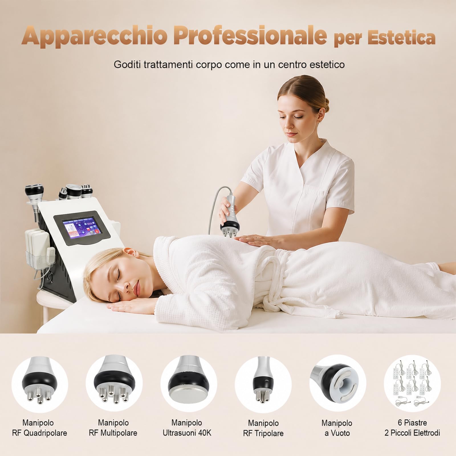 Dispositivo Cavitazione 40K 5 in 1 RF e Vuoto Viso Corpo | Touchscreen da 7 pollici, 100 W, spina UE, 5 testine, 6 piastre luminose e 2 pad per routine estetiche su aree diverse