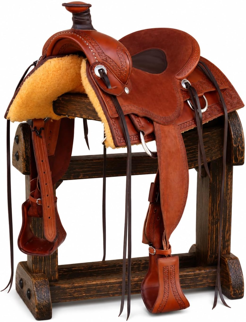 Wade Horse Saddle Tree A Fork Roping Ranch Work Handmade Tooled Carved Premium Leather Western Equestrian Trail Tack Adult & Pony Horse Riding Saddle, Size: 10-18 inch Seat, EV-102