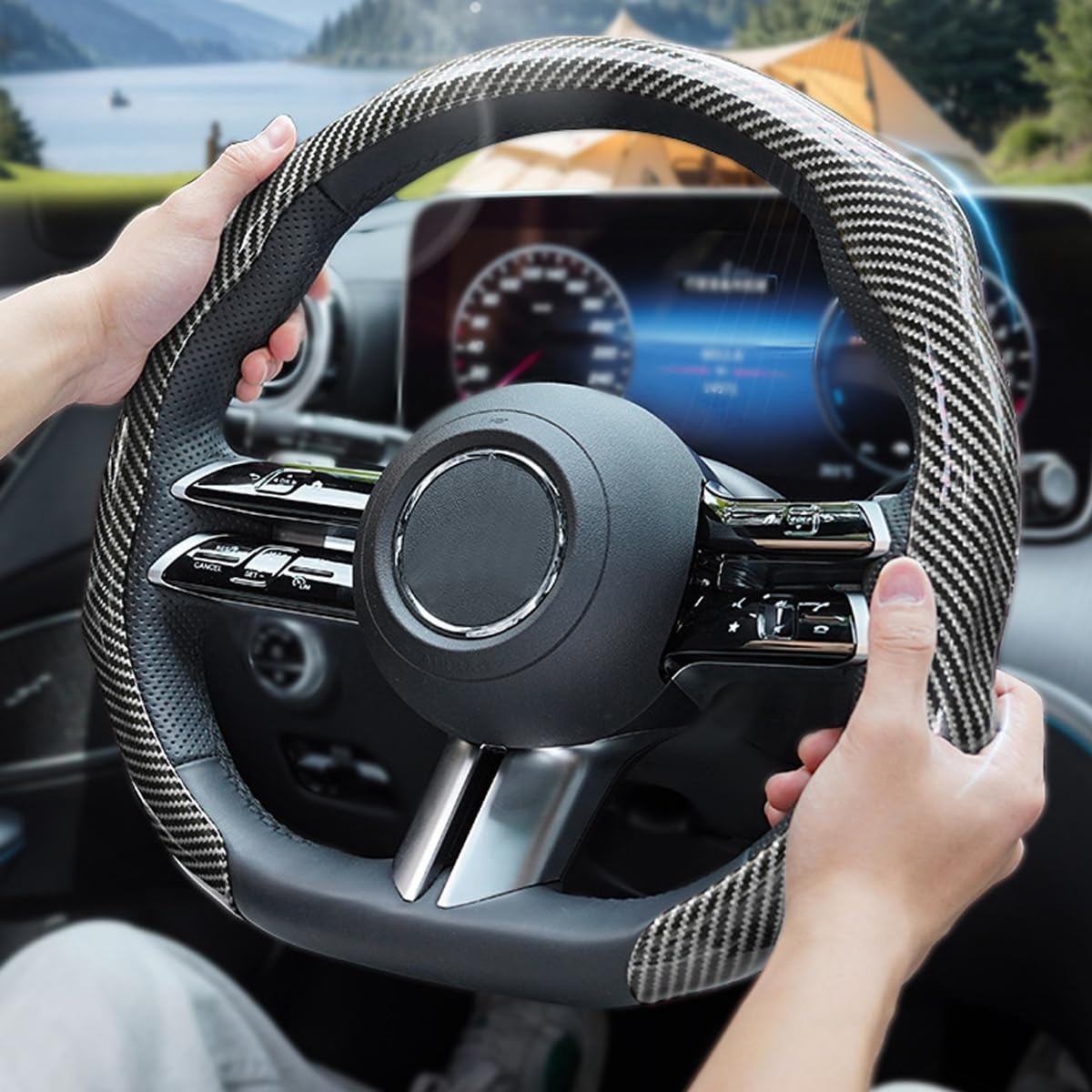 Osilly Car Steering Wheel Cover, 14.5-15″ Cool Carbon Fiber Laser Non Slip Steering Wheel Protector, Stylish Automotive Interior Protection Accessories, Universal for Truck Van SUV (Silver)
