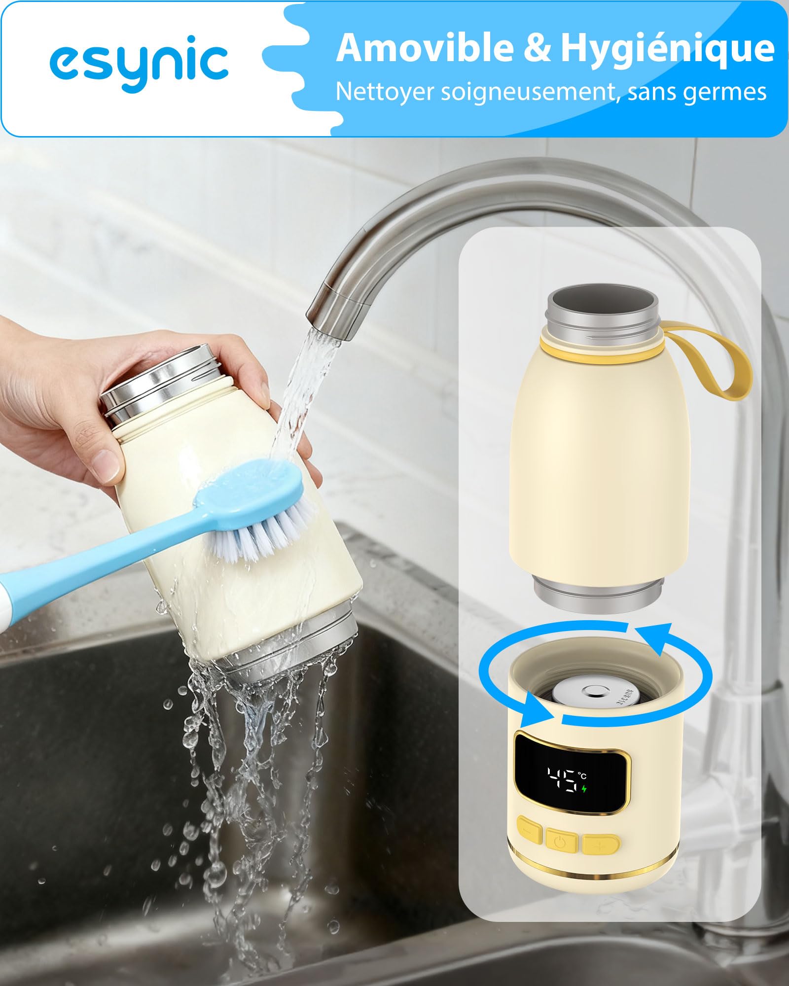 eSynic Chauffe Biberon Portable sans Fil Capacité 450ml pour Lait Materne ou Préparation pour Nourrissons ou Eau Batterie 15000mAh Chauffe Rapide Température Précise Tasse Amovible pour Voyage Sortie