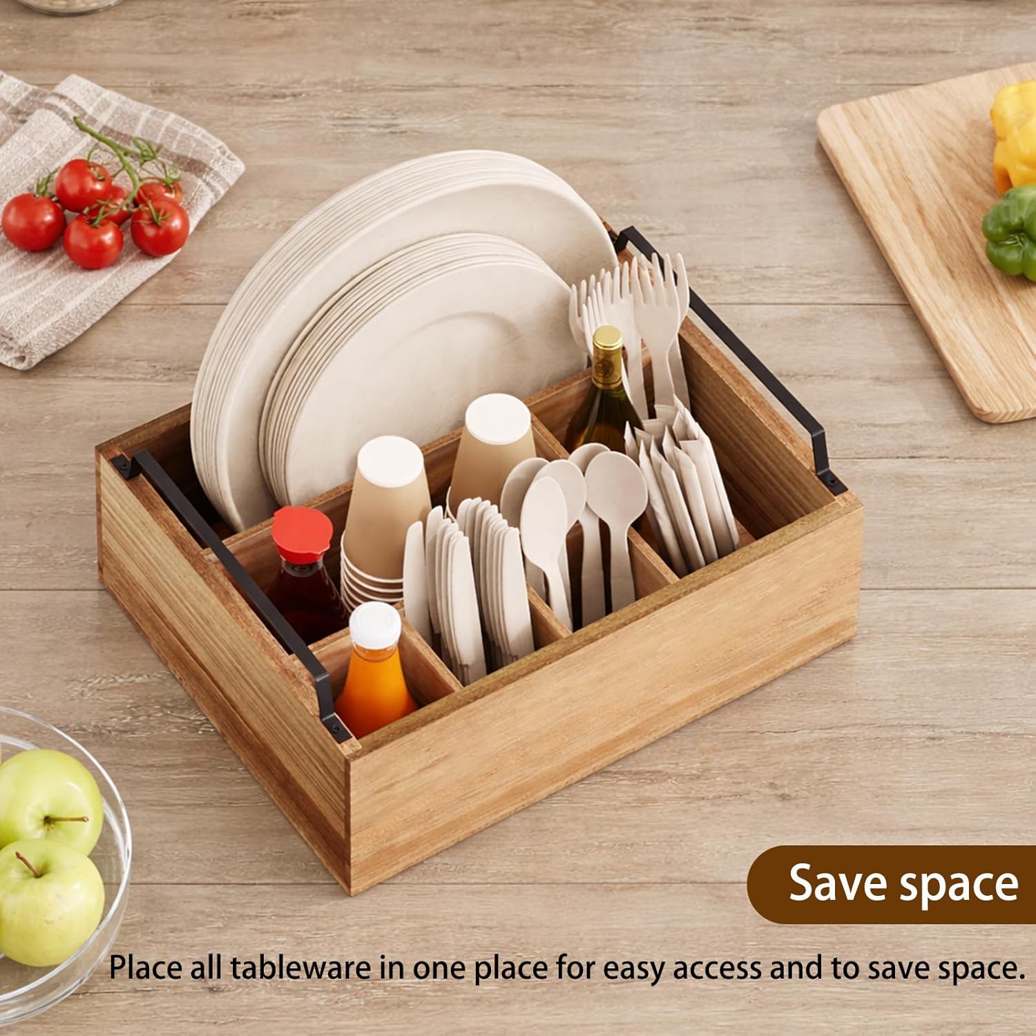 Paper Plate Holder Utensil Caddy Organizer, Wooden Utensil Holder Organizer for Party, Paper Plate Organizer or Cups, Forks, Spoons, Napkins and Silverware Holders