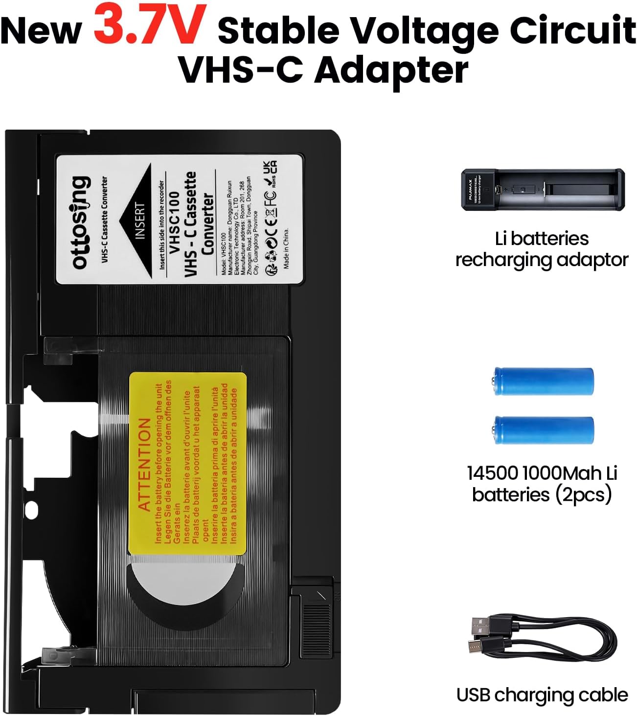 VHS-C Tape Cassette Adapter for Camcorders Motorized VHS, Compatible 12mm, Motorized VHS Cassette Converter with 3.7V Stable Voltage Circuit (Not Compatible with 8mm / Mini DV / Hi8)