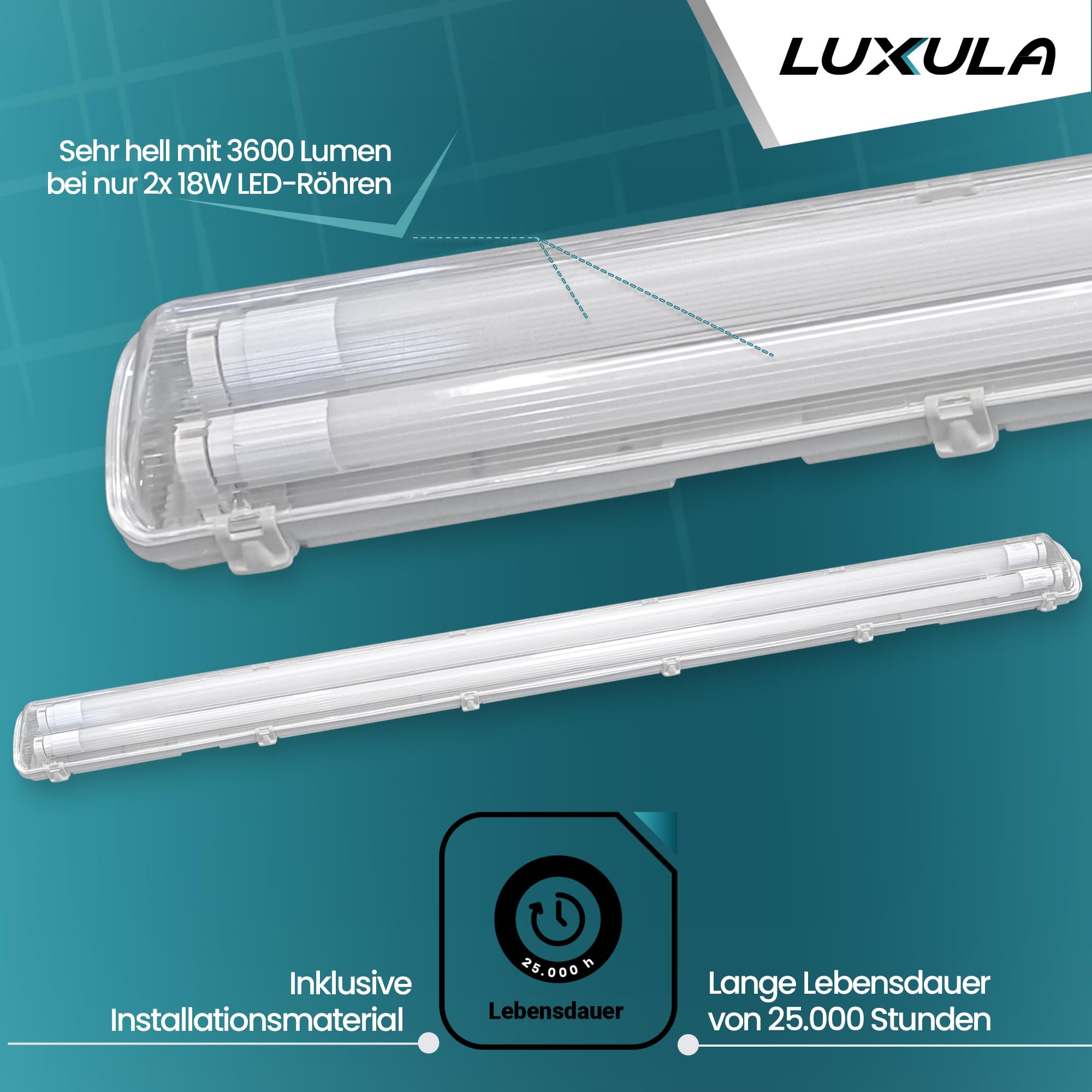 LUXULA 4er Pack LED Feuchtraumleuchte mit 2x18W LED-Röhren T8-120cm - 3600lm - 4000K Neutralweiß - IP65 IK08 - Wannenleuchte Werkstatt Keller Garage