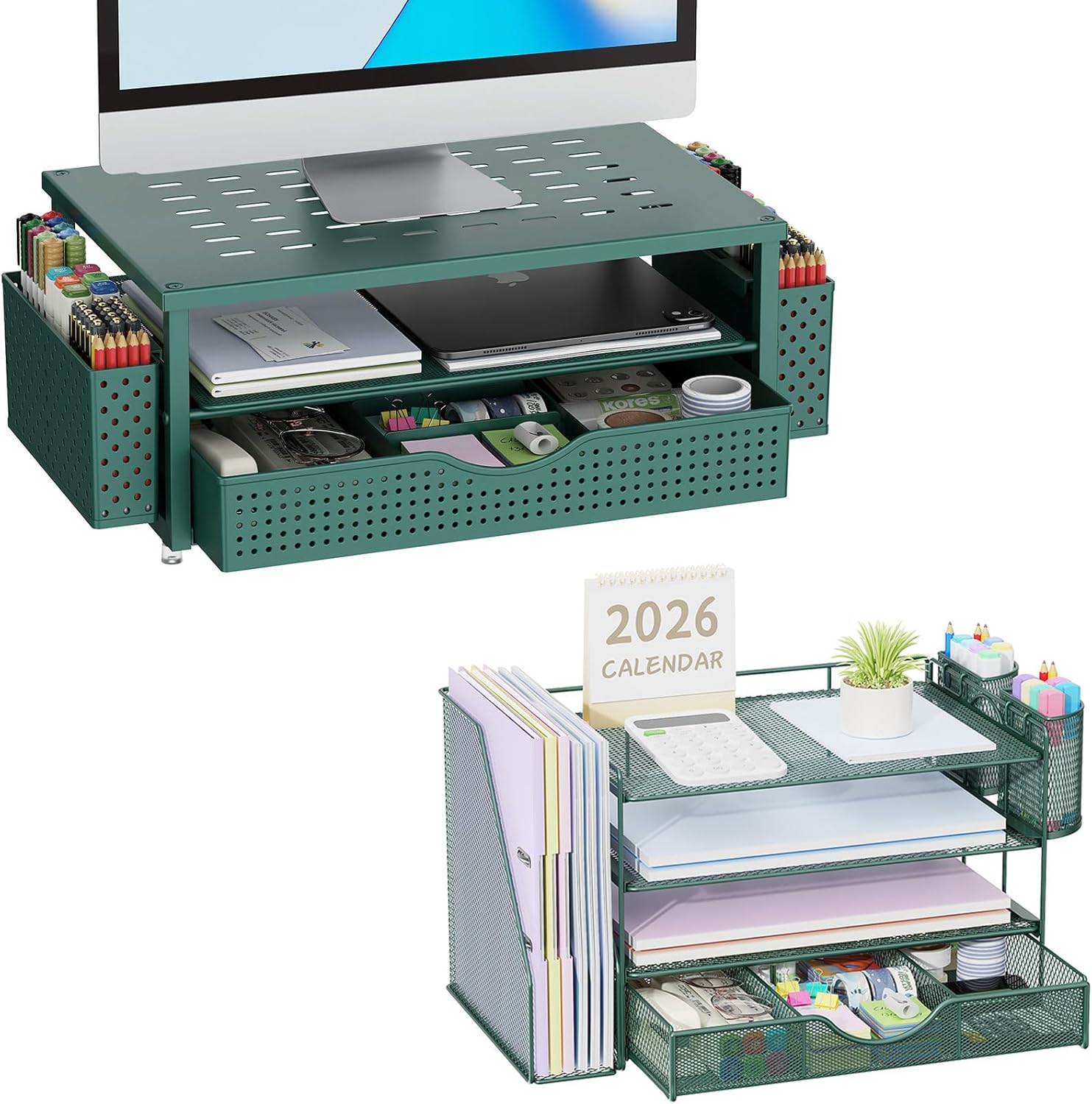 gianotter 4-Tier Paper Letter Tray + Monitor Stand with Storage (Green)