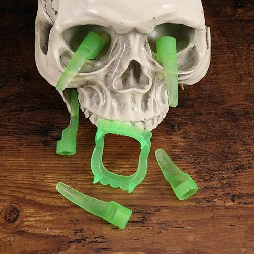 Miniatura 3 de NUOBESTY Drácula - Disfraz de 12 piezas de dientes de vampiro brillantes, uñas de plástico para Halloween, luminosas, colmillos de vampiro falsos de