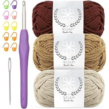 Chenille Yarn for Crochet - Soft Plush Velvet Yarn 3x50g with 5mm Hook,Thick Fluffy Wool for Crochet Blanket Making Chunky Wool -Ideal for Beginners Brown+Brown+Khaki