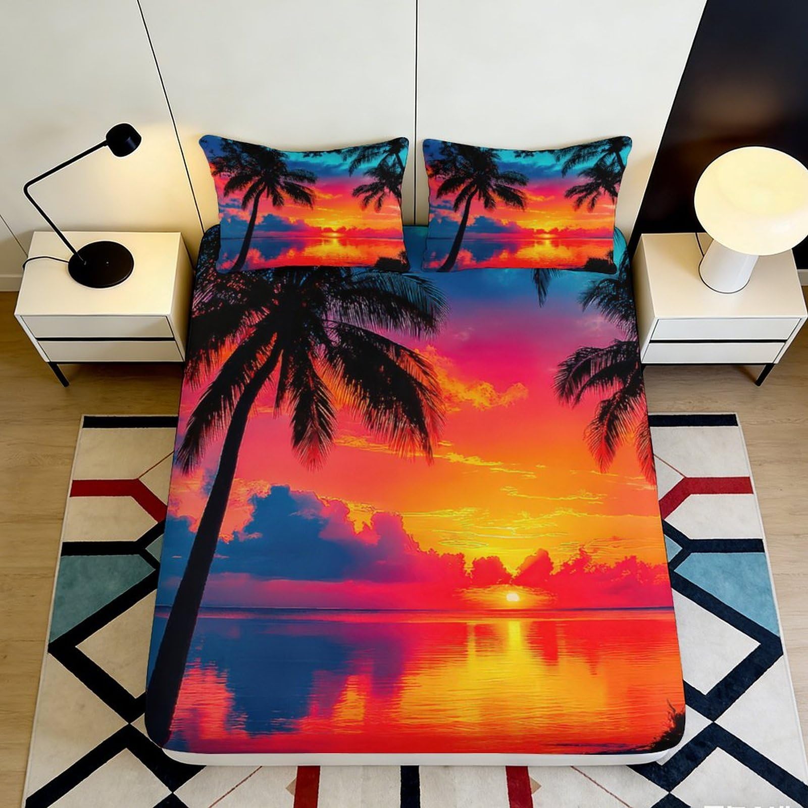 3D Printed Sunset Palm Fitted Sheet Microfiber Soft Vibrant Beach Mattress Cover for Bedroom Dorm Decor 90x200x25cm