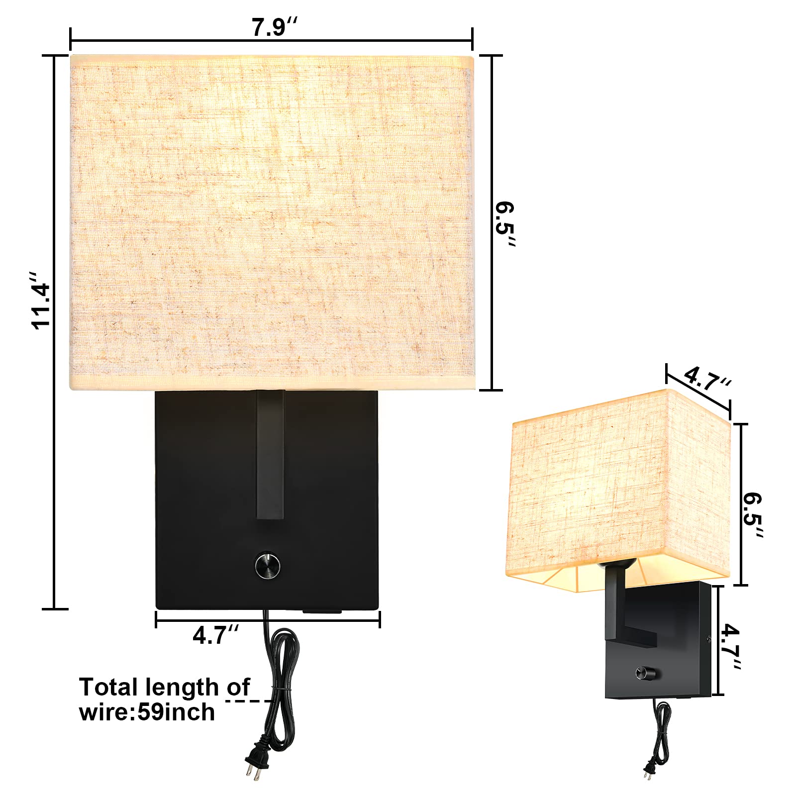 Wall Lamp with Dimmer Switch and USB Port, Wall Lamp with Plug in Cord, Wall Sconce Contemporary, Plug in Wall Sconces with Fabric Shade, Brings Warm and Cozy Feel, Wall Lamps for Bedroom Living Room
