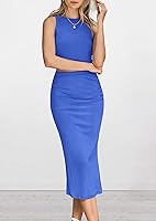 Vista 7 de PRETTYGARDEN Conjunto de 2 piezas de verano para mujer, cuello redondo, sin mangas, con abertura, falda midi