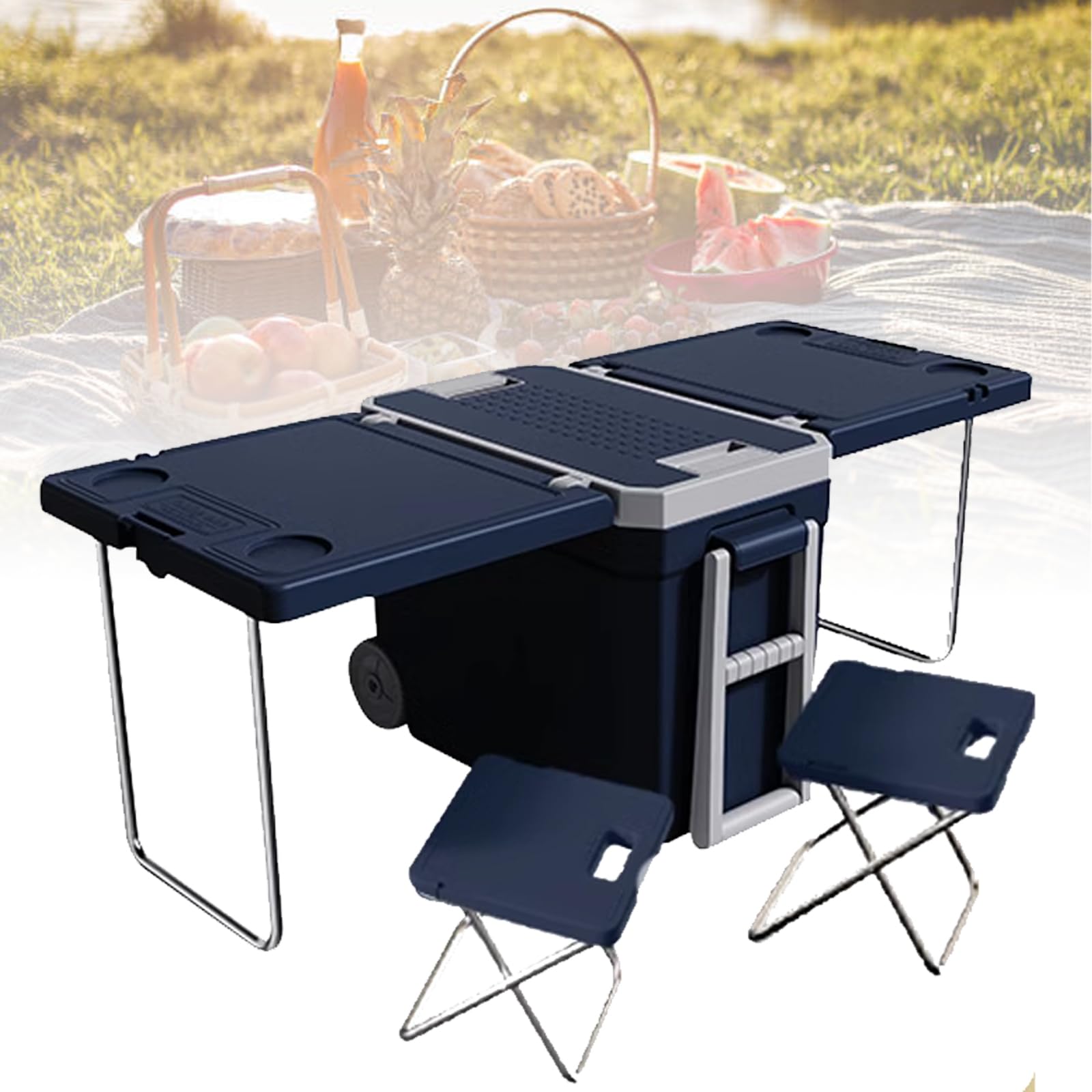 Dispositivo di Raffreddamento Multifunzione, Scatola Isolante per conservazione e refrigerazione, Tavolo Pieghevole aggiornato e 2 sedie per Picnic, Campeggio, Carrello Pieghevole su Ruote, D