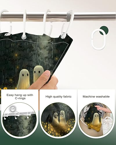 Miniatura 4 de Cortina de ducha de Halloween de tela espeluznante, bonita cortina de baño de fantasma, decoración con 12 ganchos, 72 x 72 pulgadas (amarillo, 72 x