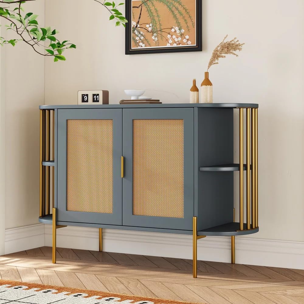 Modern Sideboard Buffet Cabinet with Rattan Doors, 47” Storage Cabinet,Console Table for Coffee Bar, Wine Bar Dining Room, Living Room, and Hallway (Gray)