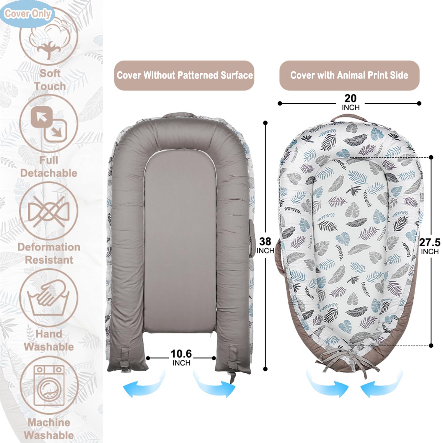 Baby Lounger Cover for Newborns, 100% Cotton Soft Portable Baby Nest Lounger Cover, Breathable Infant Lounger Replacement Cover, Lounger Pillow Cover Fit for Snuggle Me, Cover Only(Leaf Pattern)