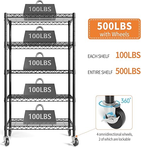 Miniatura 5 de Hodonas Estantería de metal con ruedas, estantería de alambre de 5 niveles con estantes ajustables para almacenamiento, estante de almacenamiento de