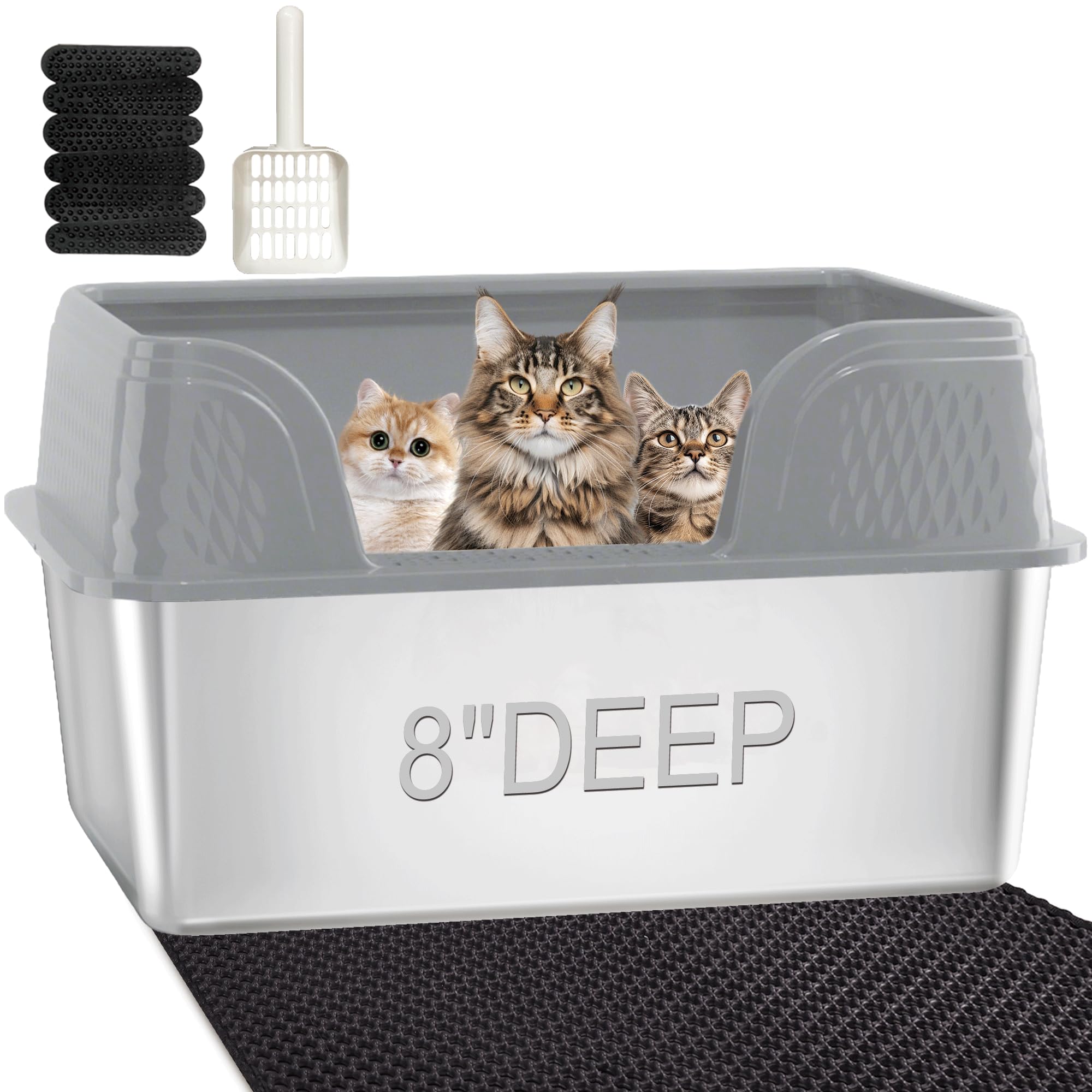 Stainless Steel Litter Box with Lid 23.6" x 15.7" x 14", XXL Litter Box - Extra Large Space with High Sides for Big Cats or Multiple Cats, Side Entry, Leak-Proof, Easy Cleaning, Grey