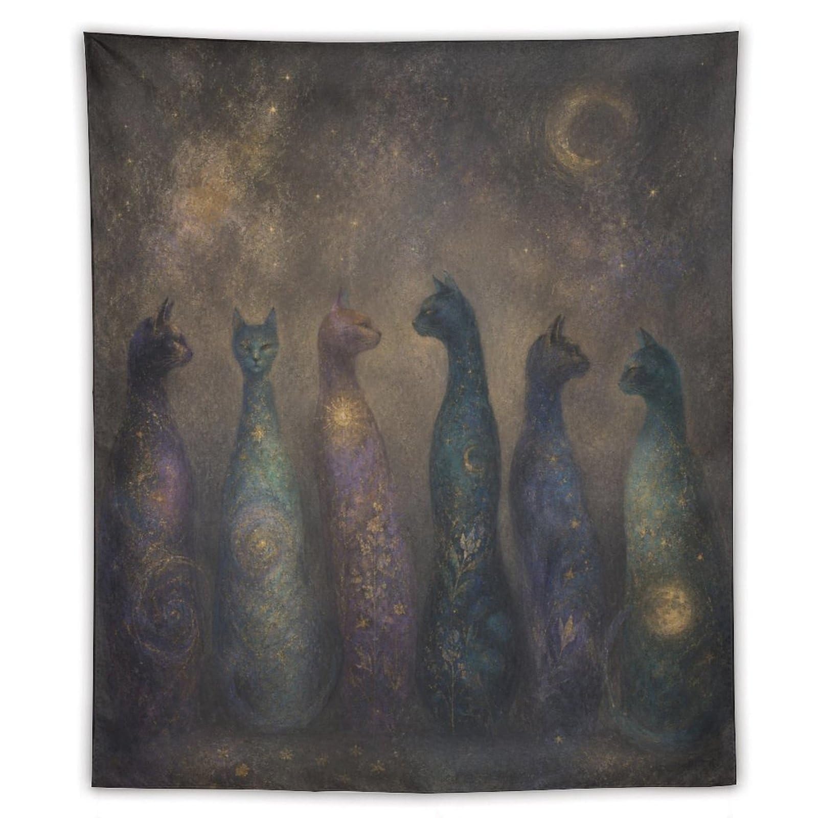 W7C8U2X3 Cat Spirits in Night Sky Wall Tapestry, Surrealist Style, Bedroom