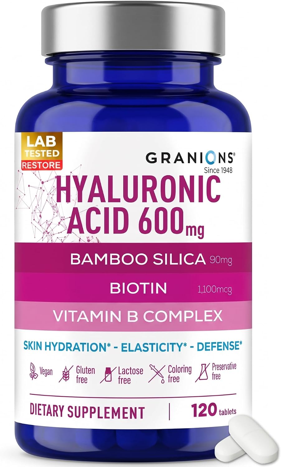 Granions Ultra Dosed Hyaluronic Acid Supplement 600mg - Intense Skin Hydration, Stimulates Collagen Production - Niacin, Biotin, Vitamin B Complex, Oral Hyaluronic Acid Supplements - 120 Vegan Tablets