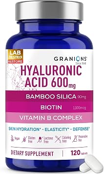 Granions Ultra Dosed Hyaluronic Acid Supplement 600mg - Intense Skin Hydration, Stimulates Collagen Production - Niacin, Biotin, Vitamin B Complex, Oral Hyaluronic Acid Supplements - 120 Vegan Tablets