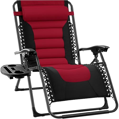 Best Choice Products Oversized Padded Zero Gravity Chair, Folding Outdoor Patio Recliner, XL Anti Gravity Lounger for Backyard w/Headrest, Cup Holder, Side Tray, Polyester Mesh - Burgundy
