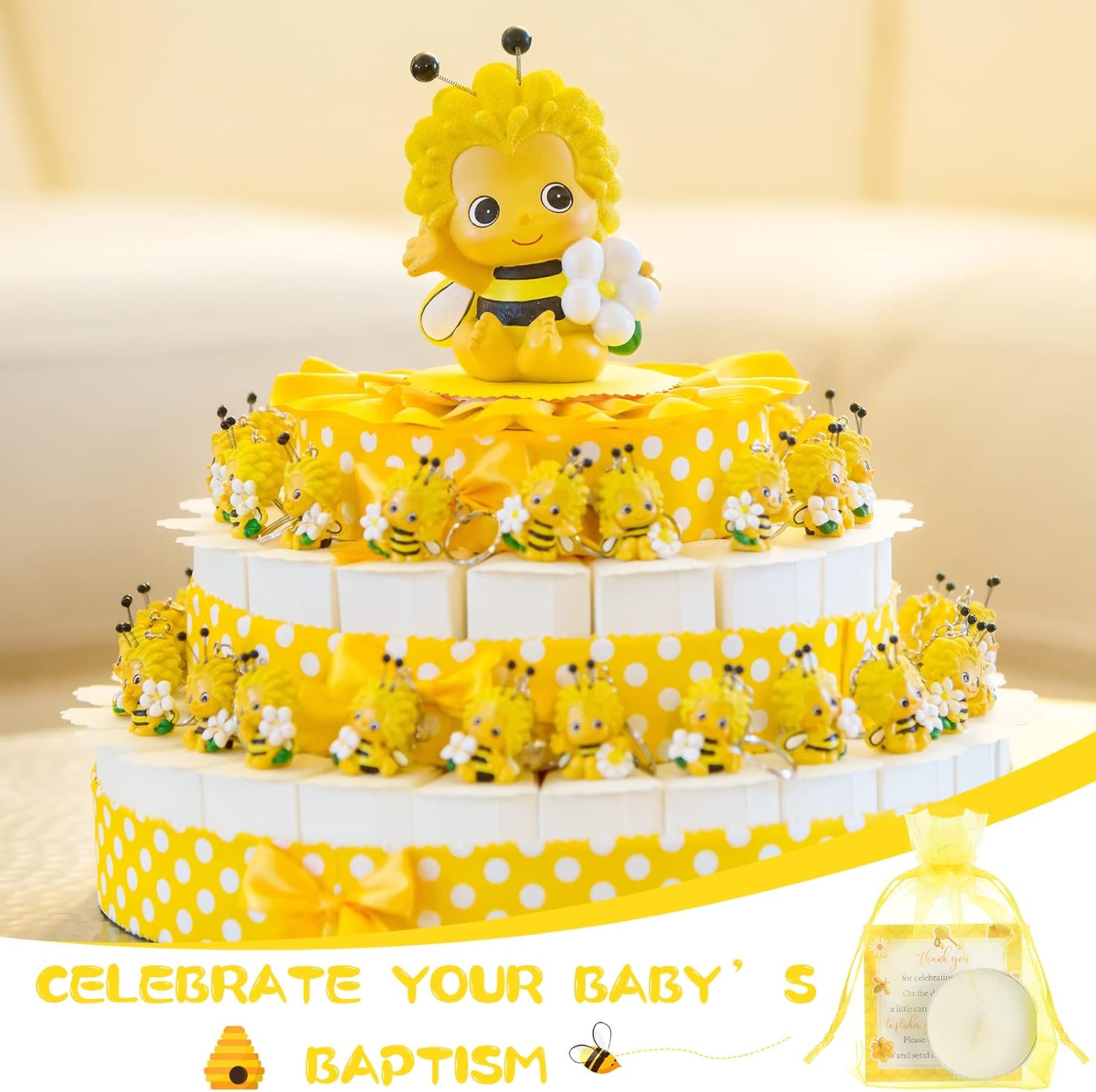 50 Set Bee Theme Baby Shower Party Favors Include Tea Light Candles, Bee Greeting Cards and Yellow Organza Bags Return Gifts for Gender Reveal Party