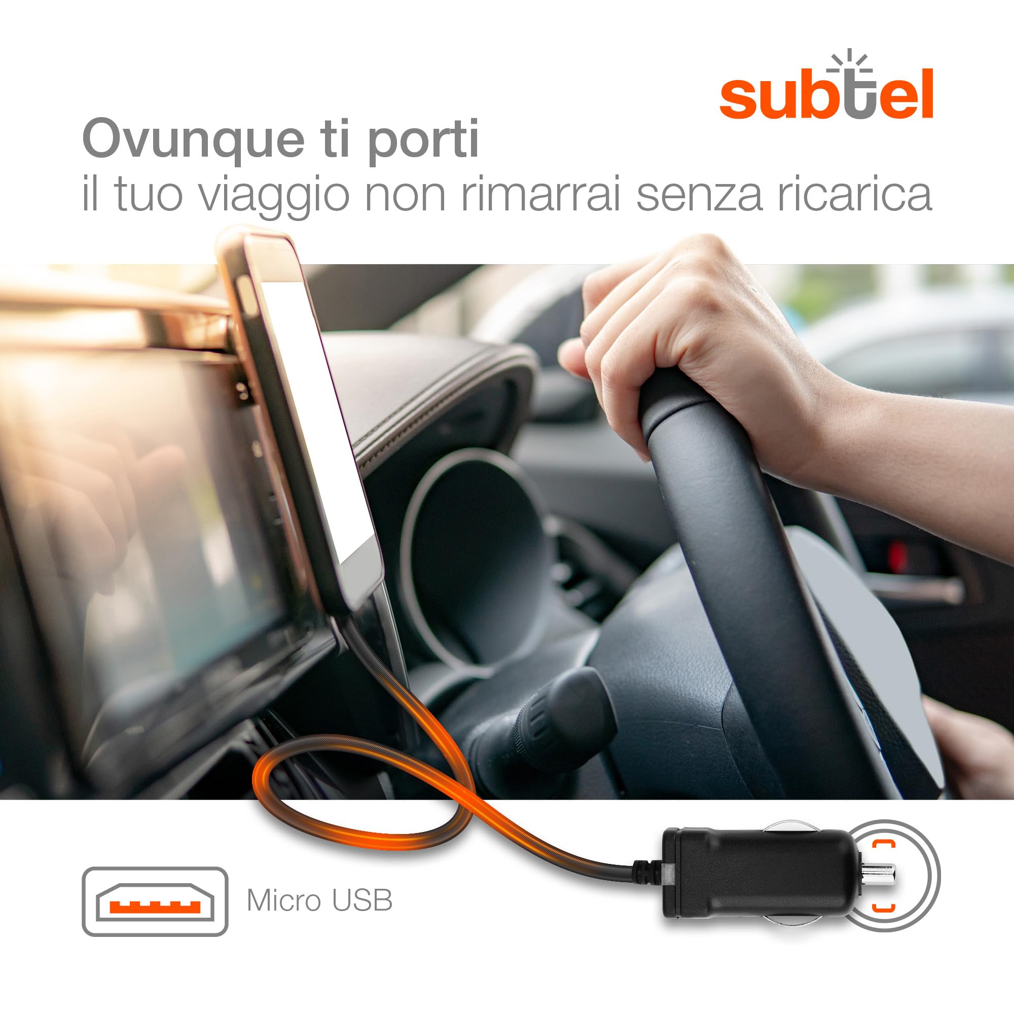 Subtel Caricatore Micro-USB 90° da Auto 1.1m 1A 5V per Navigatore GPS