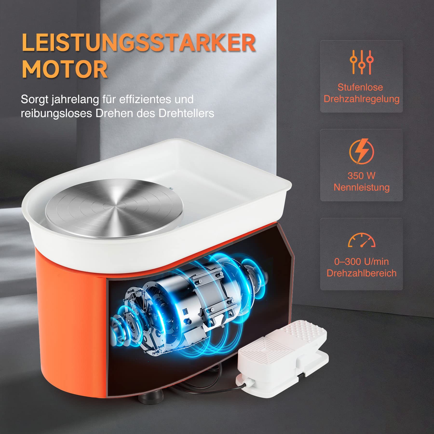 CREWORKS Töpferscheibe Elektrisch Töpferscheibe Fußantrieb 350W Keramikformwerkzeug 0-300 U/MIN Keramik-Tonmaschine 8 TLG Keramik Kit Tonspinnrad 25CM Pottery Wheel