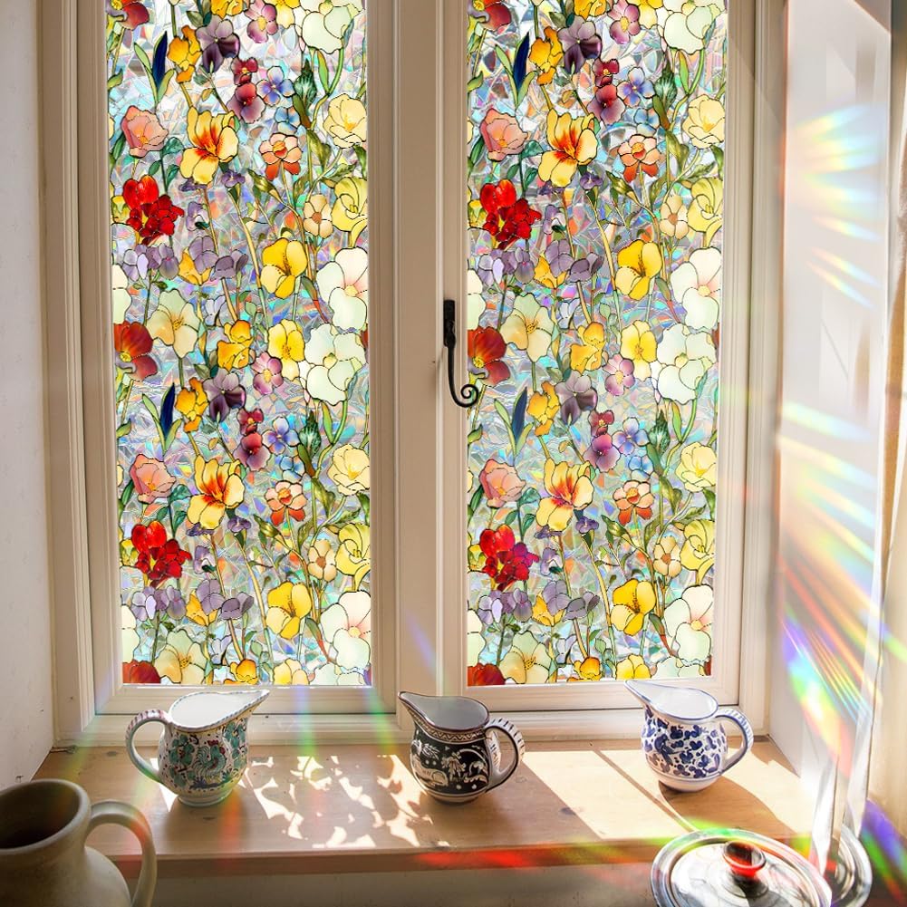GORGECRAFT Colourful Privacy Film for Windows with Flowers and Rainbow Motif, 3D Stained Glass Cover, Decorative Window Film, Non-Adhesive, Static, Reusable, UV-Resistant Sticker, 100 x 43 cm