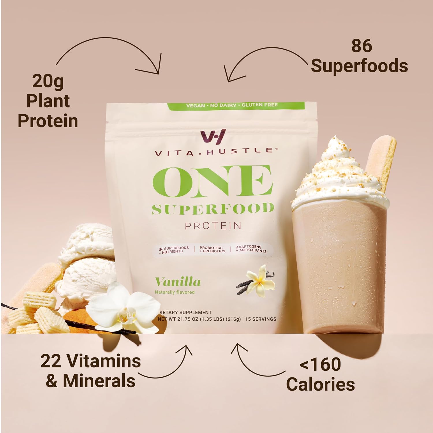VitaHustle ONE Vegan Vanilla Protein Powder - 20g Plant Protein Meal Replacement with 86+ Superfoods & Greens, Probiotics + No Bloat Digestive Blend - Dairy Free, Gluten Free (15 Servings)