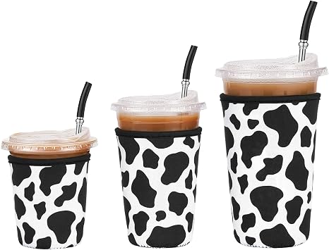 reusable Insulated Neoprene Iced Coffee Beverage Sleeves Cold Drink Cup Holder for Starbucks Coffee, McCafe, Dunkin Donuts, Tim Hortons and More, Dairy Cow-3 Pack