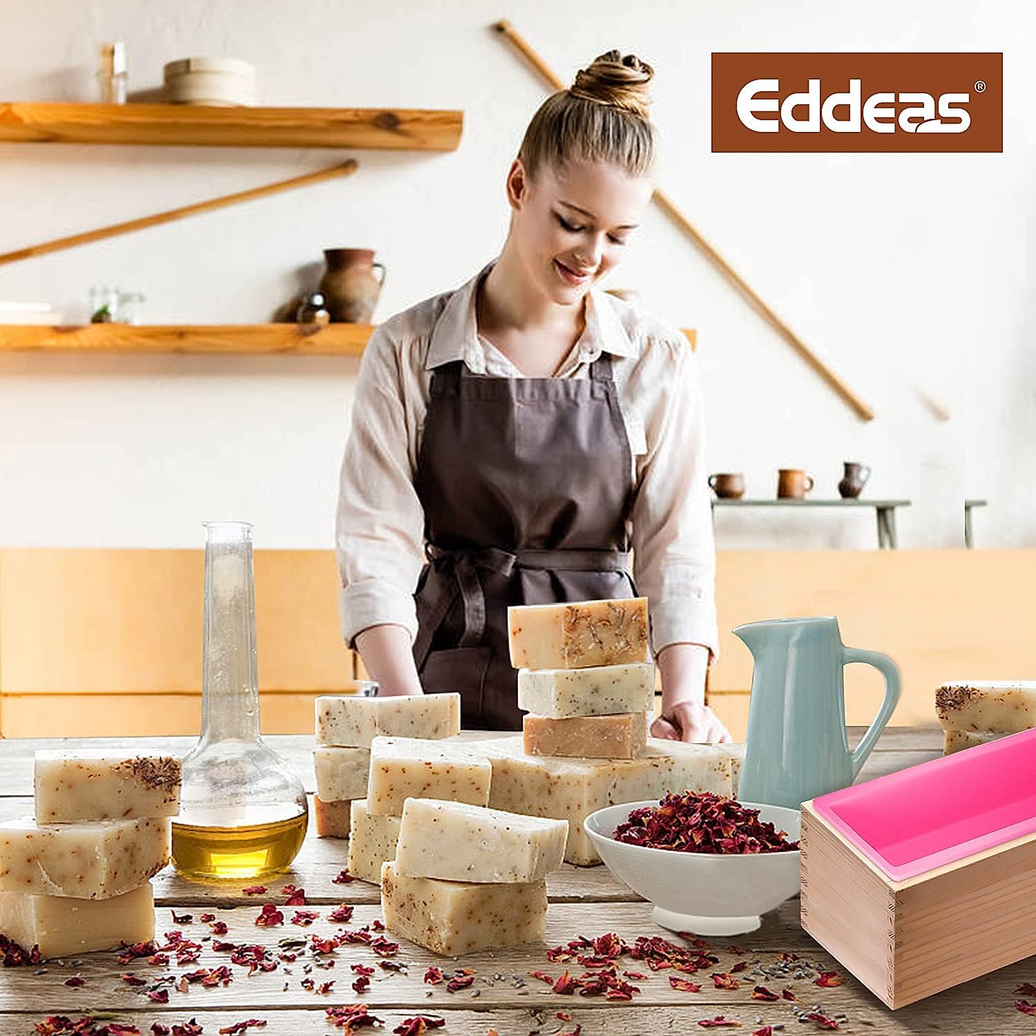 Eddeas Silicone Soap Making Molds, Flexible Rectangular Soap Silicone Mold with Wood Box, Stainless Steel Wavy & Straight Scraper, Perfect for Homemade Craft Soaps Making