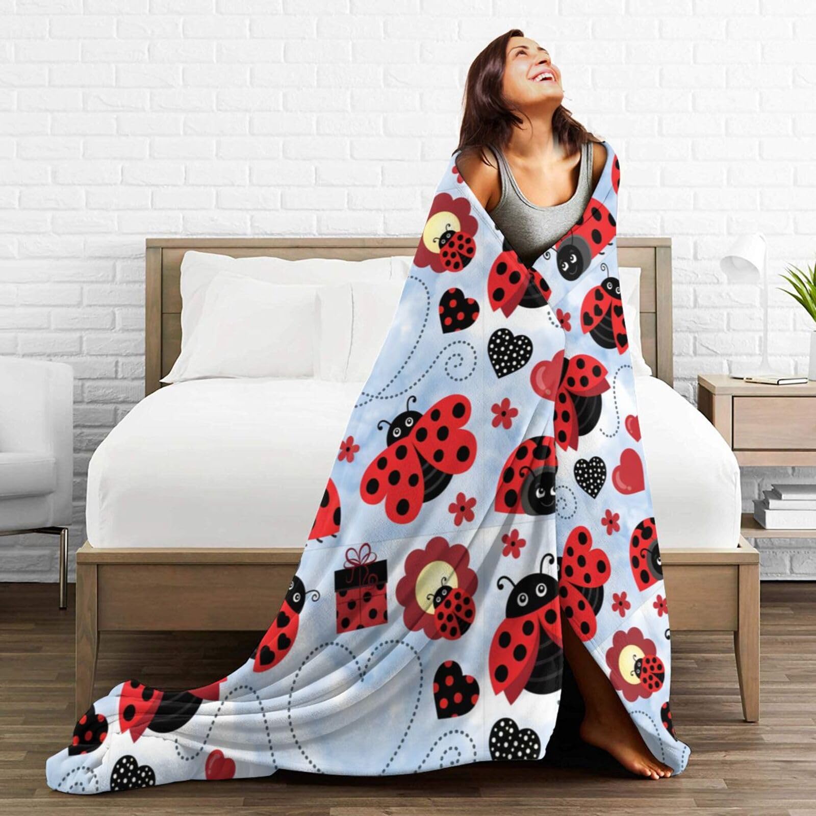 Mugod Marienkäfer Überwurf – 100x130 Cm, Flanell, Weich & Warm, Mit Süßem Blumen- & Punkte-Muster