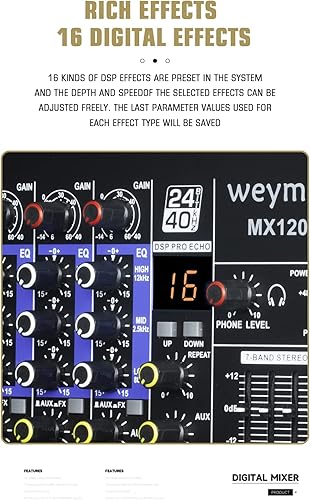 Miniatura 5 de Weymic MX-120 Mezclador profesional (12 canales) para grabar DJ, escenario, karaoke, ecualizador gráfico W y efecto DSP con unidad USB para entrada