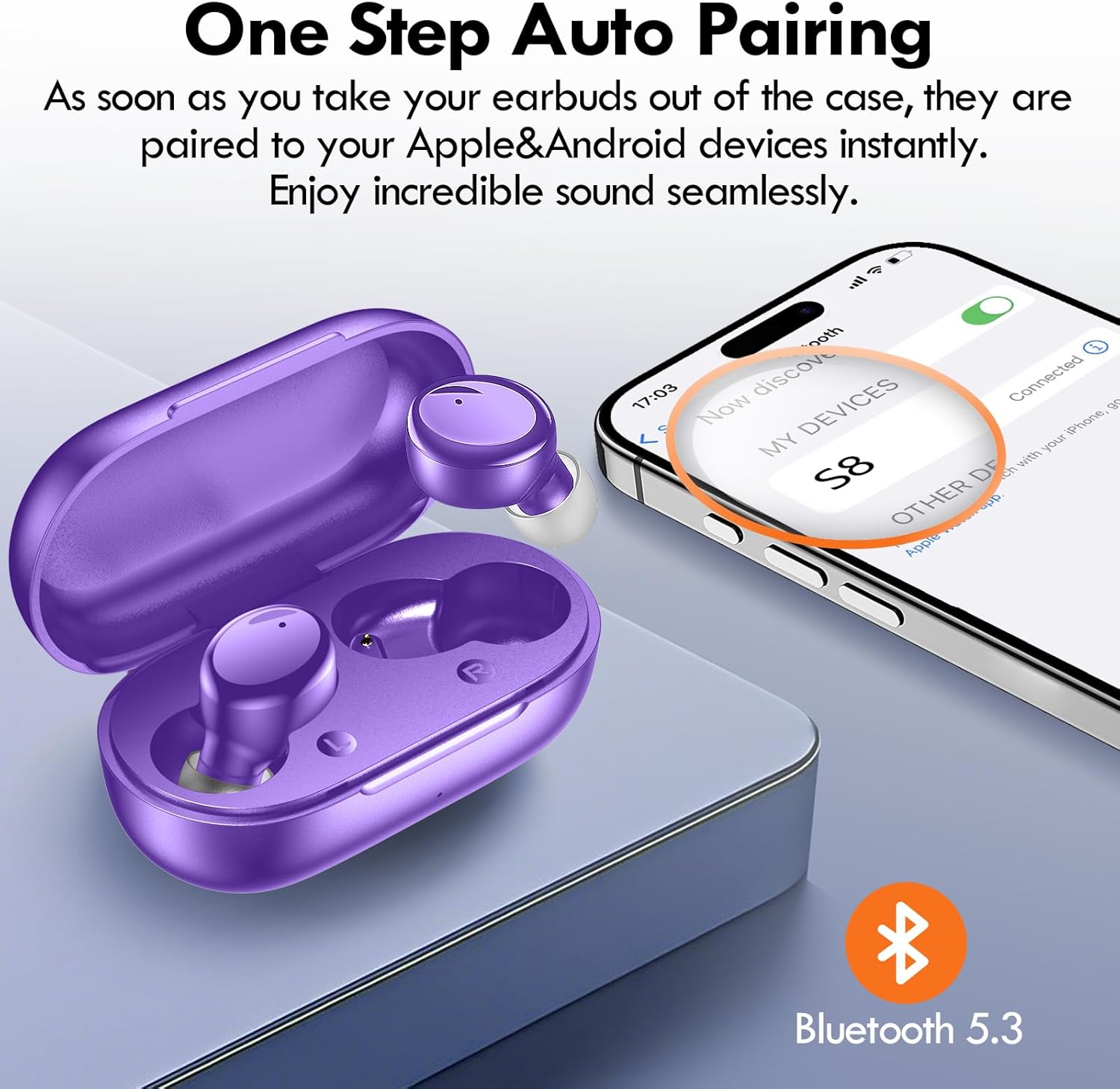 Lanteso True Wireless Bluetooth 5.3 Earbuds, 48H Playtime,Light Weight Headphones in Ear Buds Built in Mic Headset Premium Sound with Deep Bass,Clear Calls Earphones for Sports Workout Purple - Image 3