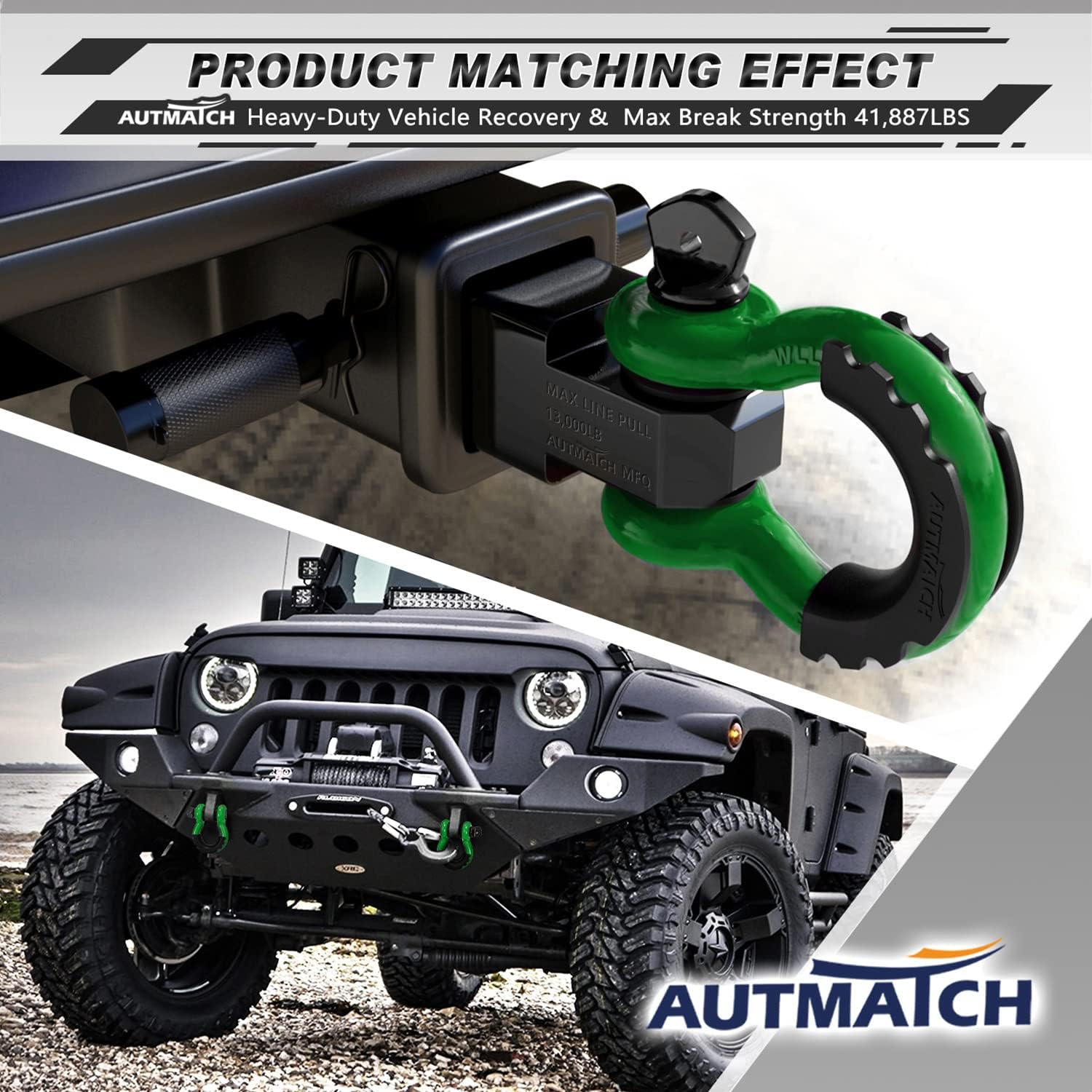 AUTMATCH 3/4" D Ring Shackle with Isolator & Washers Kit, Winch Cable Hook Stopper and Silicone Rubber Shock Absorbent Winch Stopper for Jeep Tow Strap Winch Off Road Vehicle Recovery, Dark Green