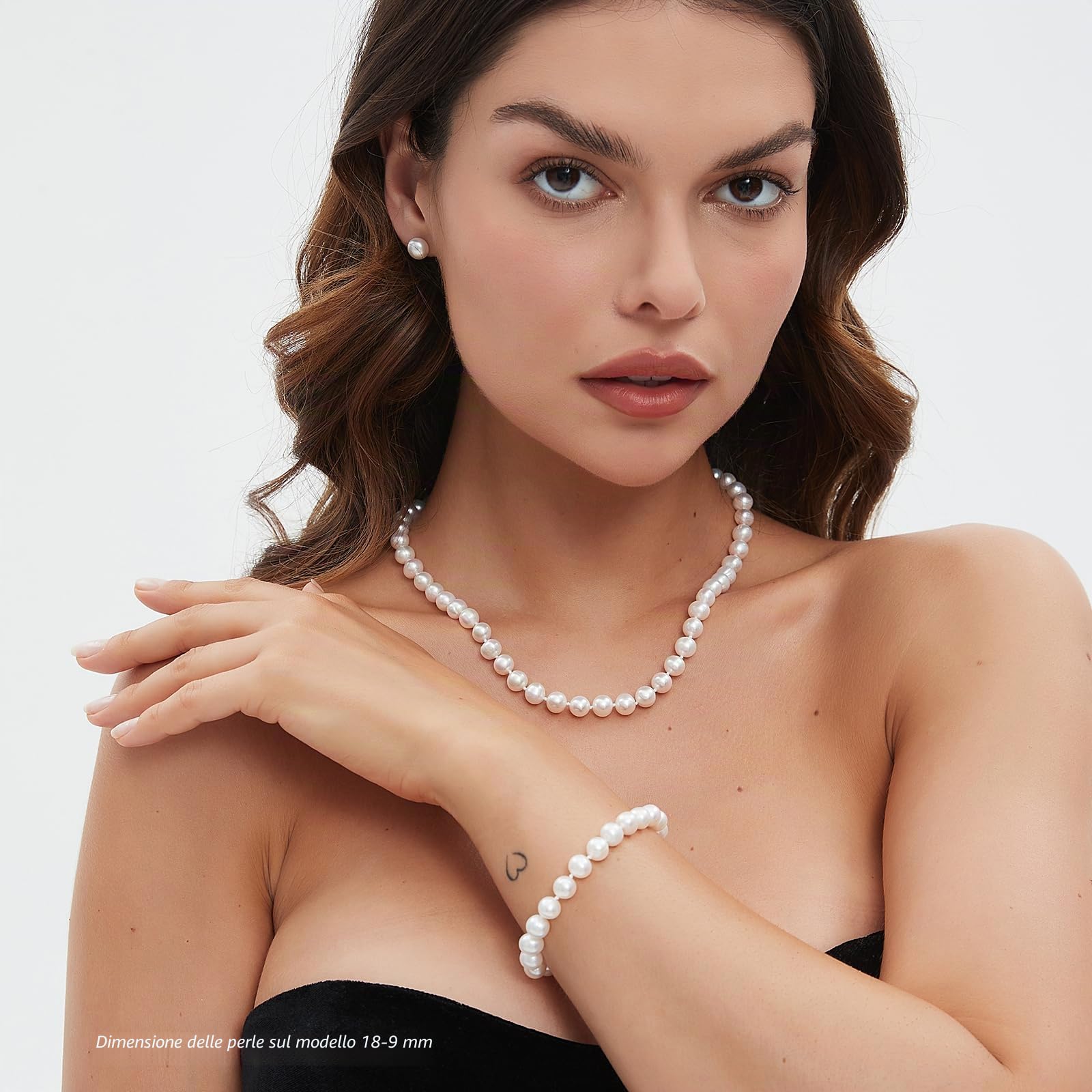YAMI set perle (collana + bracciale + orecchini), perle di alta qualità coltivate in acqua dolce, argento 925 sterling ipoallergenico, qualità e bellezza, adatto come regalo di Natale, 45 + 5 cm